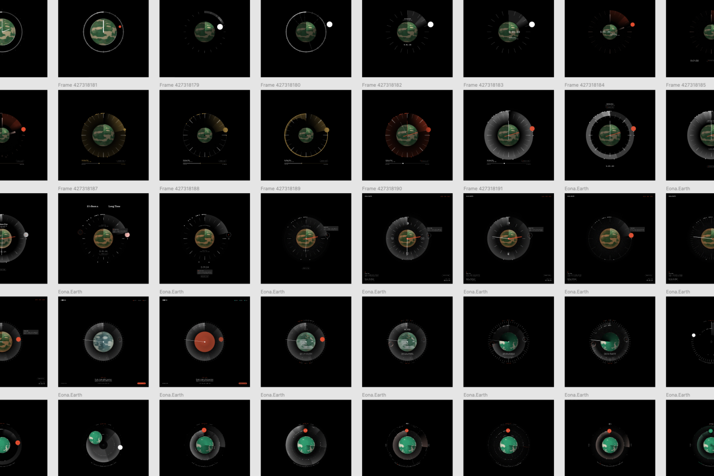 A contact sheet of eona.earth interface frames, showing Earth cycling through visual phases as the clock dial and time readout change