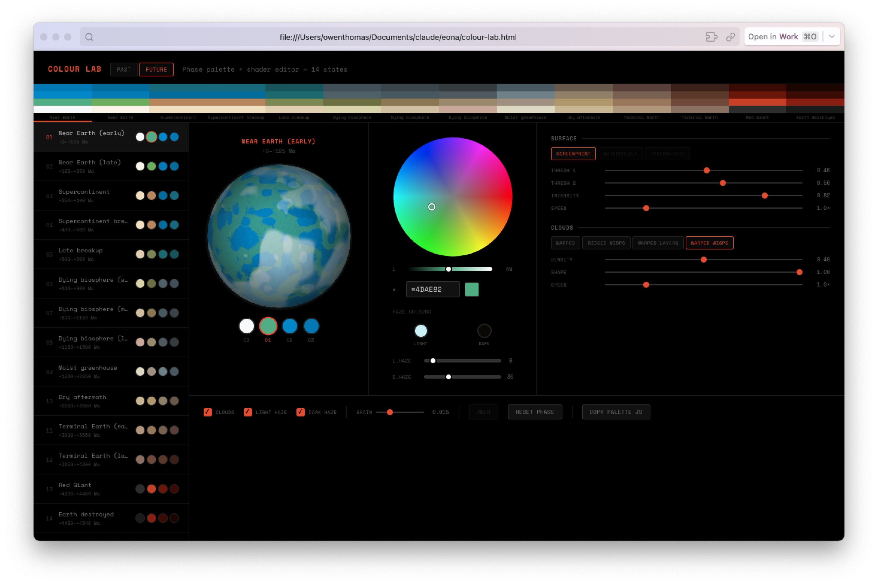 Screenshot of the internal Colour Lab tool used to design eona's palette, showing a colour wheel, shader controls and a preview of the Near Earth phase