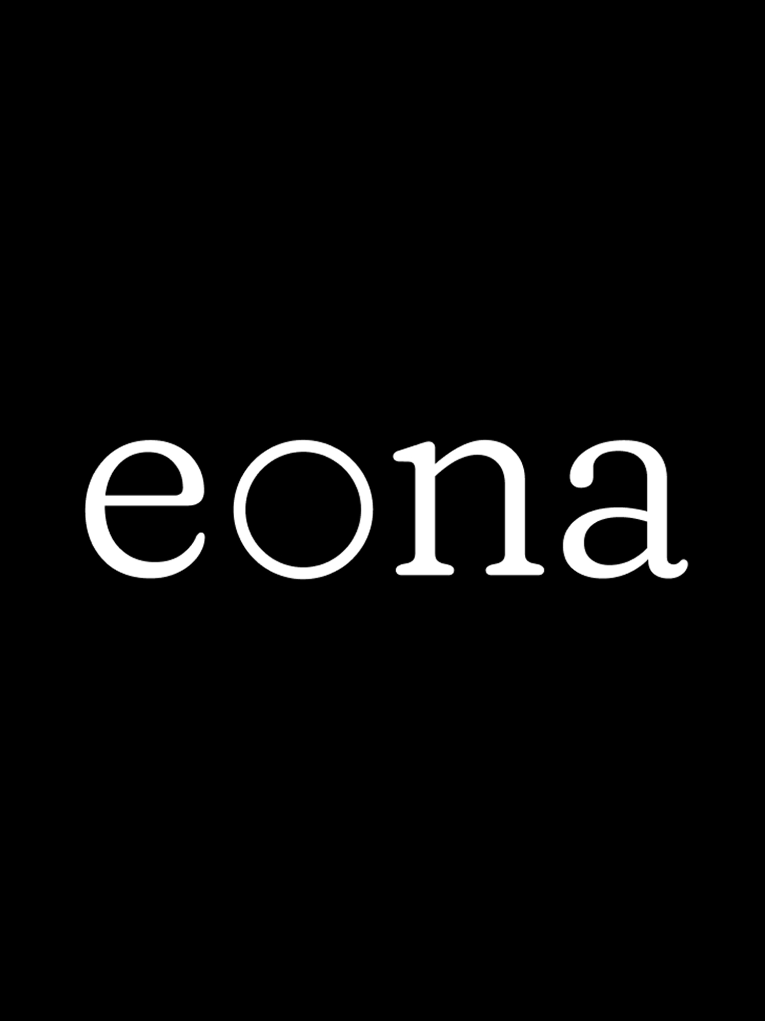 The eona wordmark set in a serif typeface, white on black